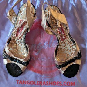 Tangolera Tango Dance Shoes Heels 6 cm Gold Black Lace Size 39 US 8.5